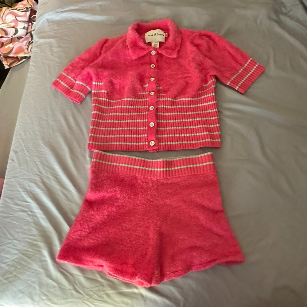 House of Sunny Pink Fuzzy Polo Button Down Top & Pink Fuzzy Shorts Set Size 4  S